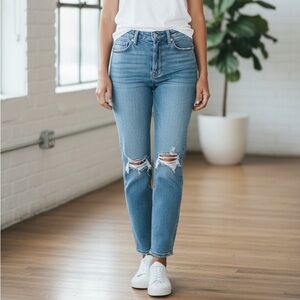Express Light Blue Distressed Straight Leg Jeans